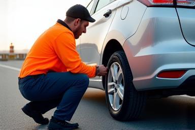 Technician assisting stranded driver with a tyre change