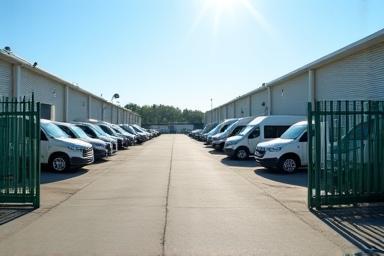 Row of vehicles in secure, fenced Britannia storage site